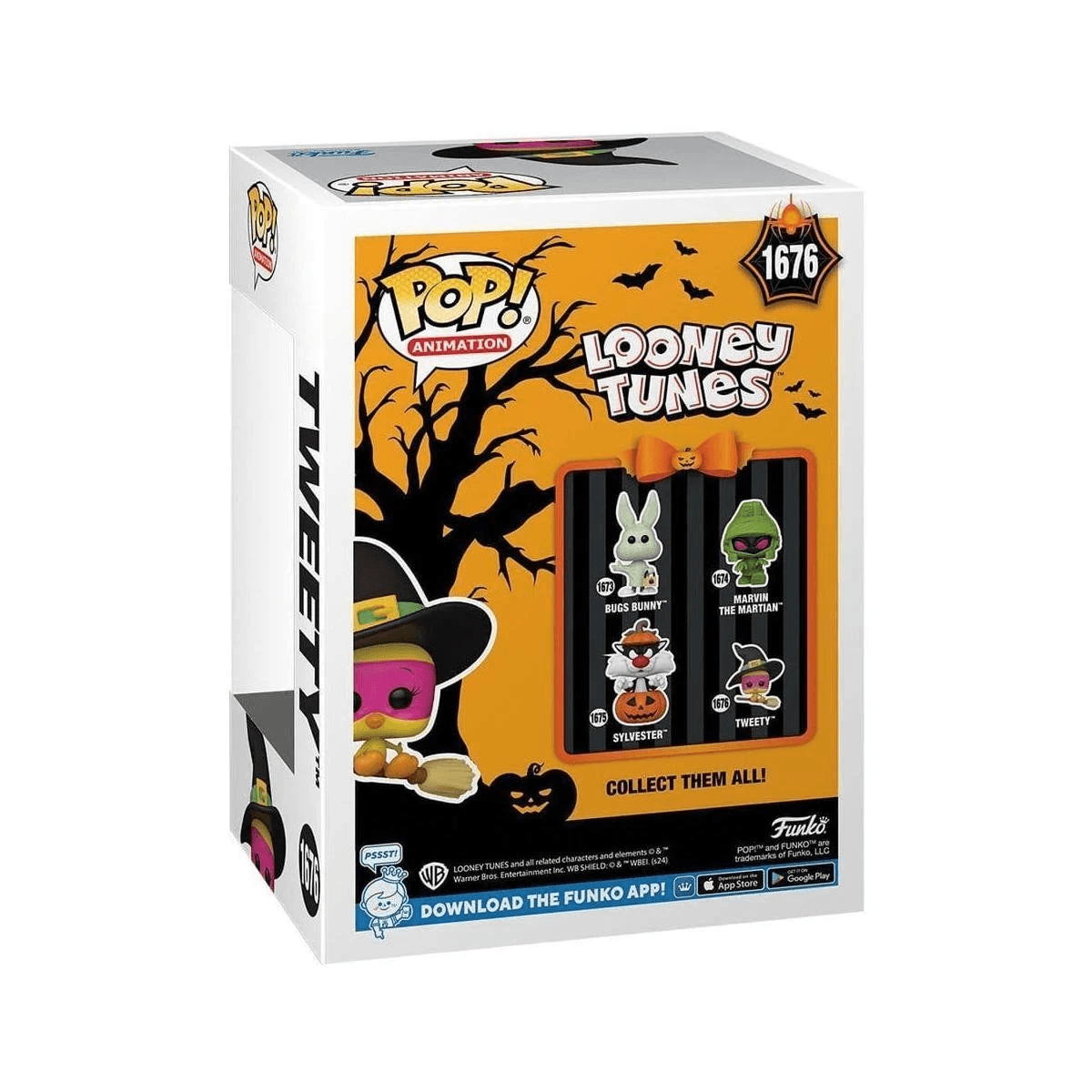 Box Funko Pop! con figure di Halloween Looney Tunes: Tweety, Bugs Bunny, Marvin, Sylvester.