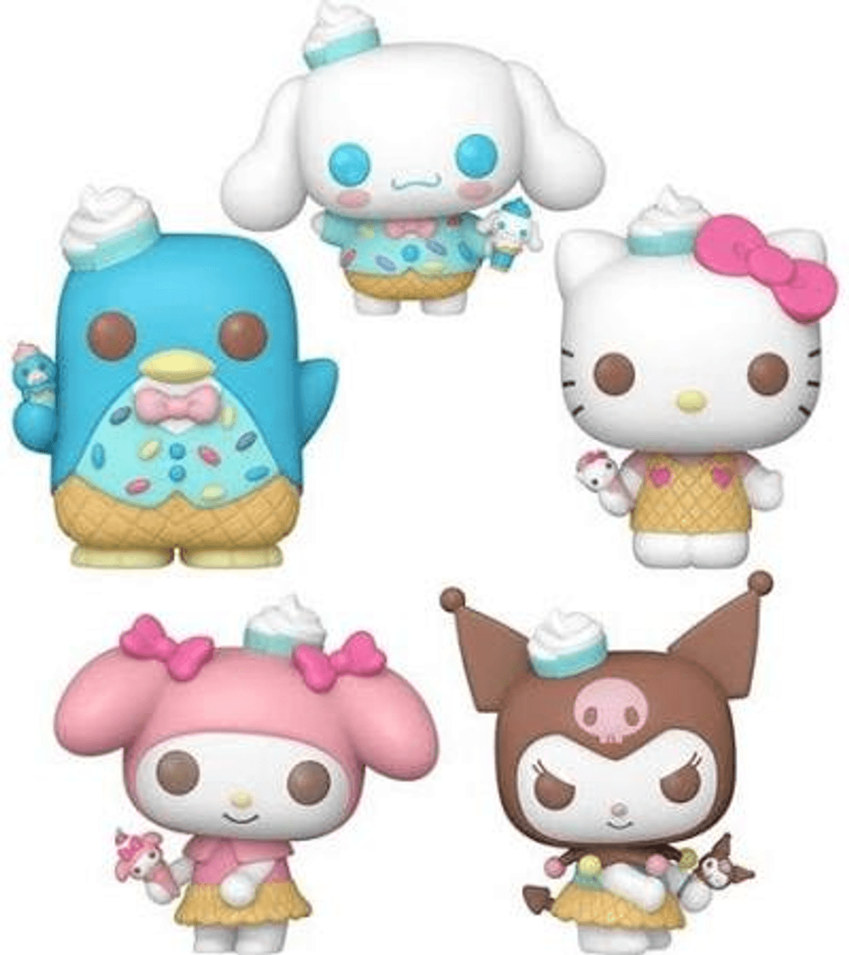 Cinco personajes de Sanrio con atuendos de cono de helado, sosteniendo helado. Cinnamoroll, Hello Kitty, My Melody, Kuromi, Tuxedo Sam.
