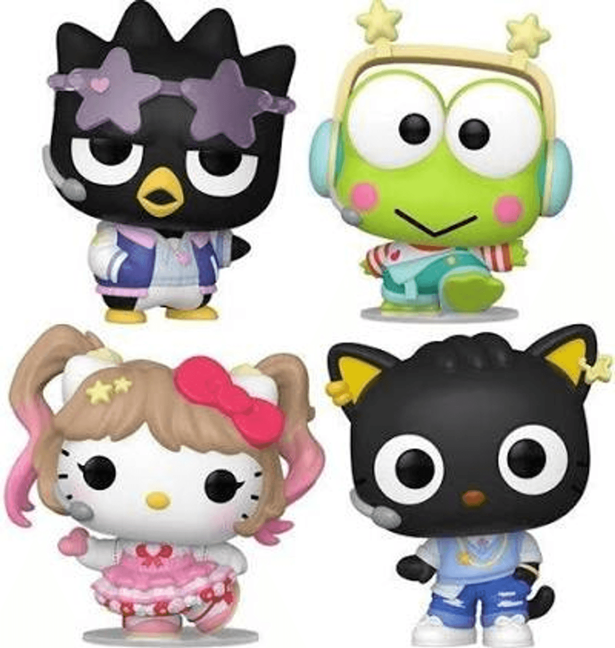 Cuatro figuras de personajes de Sanrio: Badtz-Maru, Keroppi, Hello Kitty y Chococat.