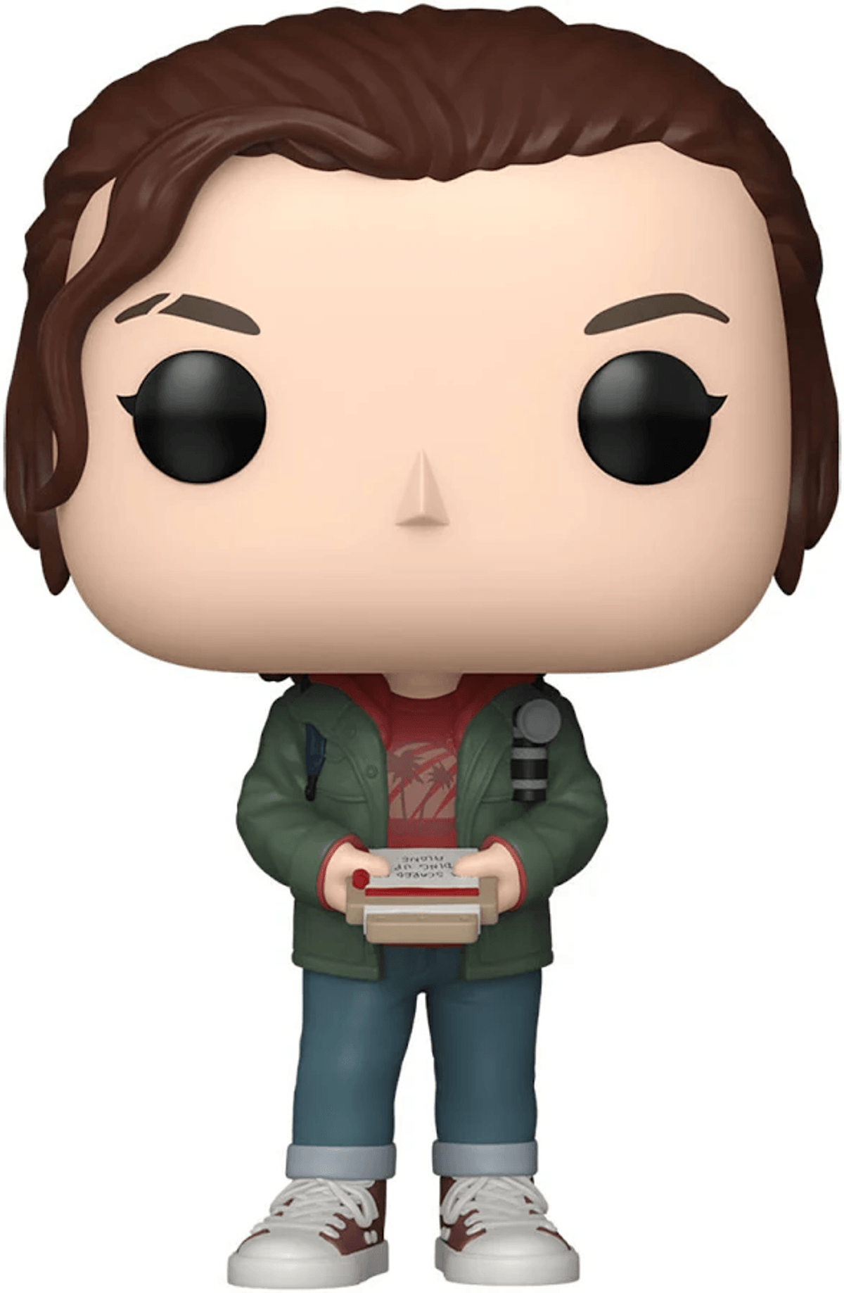 Una figura con pelo castaño, lleva chaqueta verde y chaleco rojo, sostiene una caja.