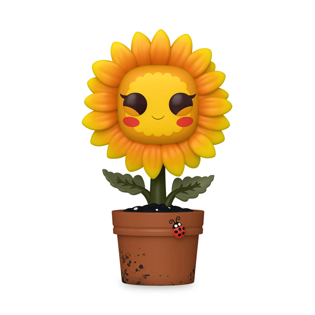 Un girasol sonriente en una maceta con una mariquita.