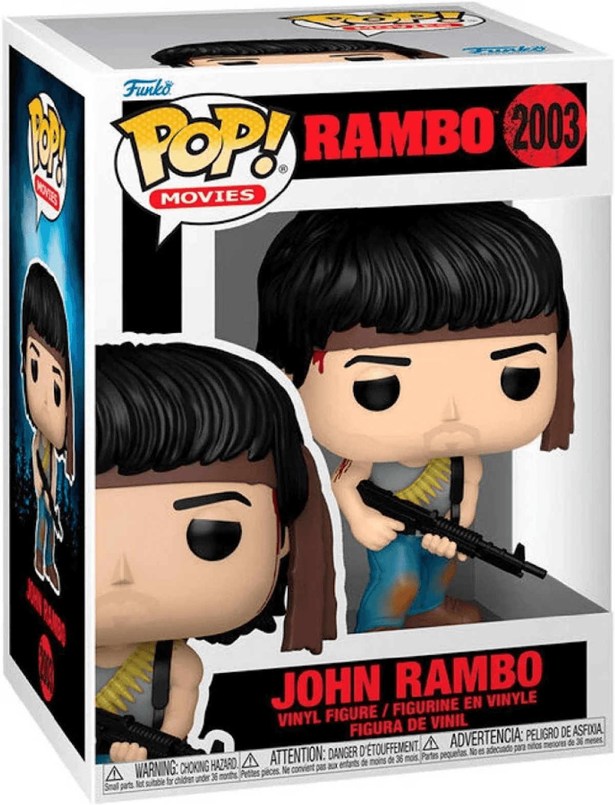 Figura de vinilo Funko Pop John Rambo con rifle y bandolera sobre pantalones azules.