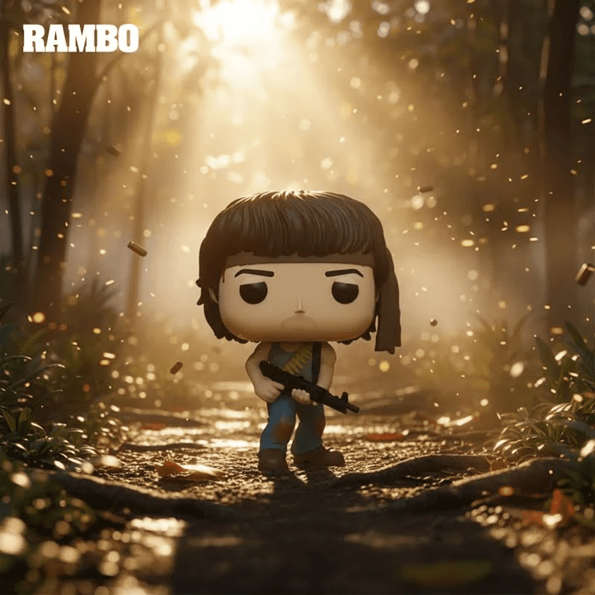 Figura Funko Pop de Rambo en un bosque con rayos de sol y partículas flotantes.