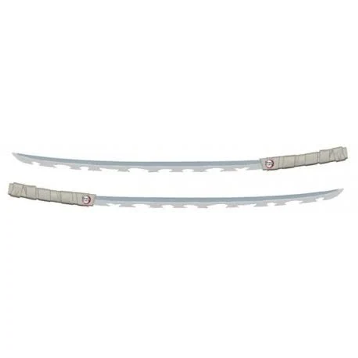 Dos espadas curvas con bordes dentados y empuñaduras grises.