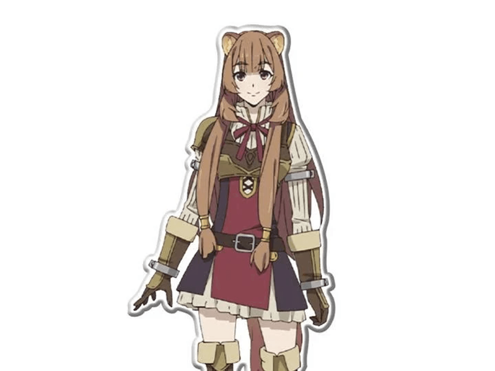 Personaje de anime con pelo castaño y orejas de oso, viste vestido rojo y armadura.