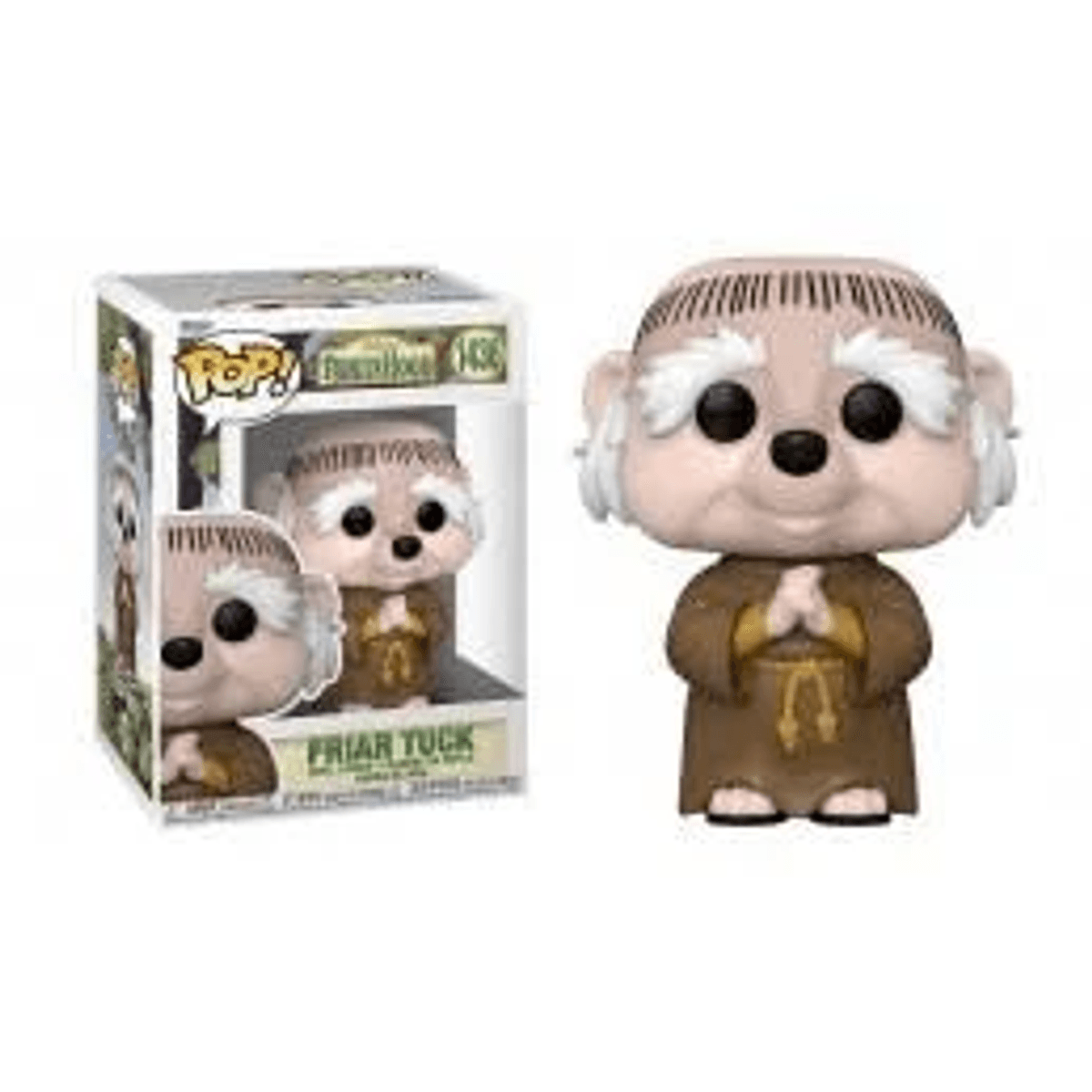 Statua Funko Pop! di Friar Tuck in veste da monaco marrone, mani giunte.