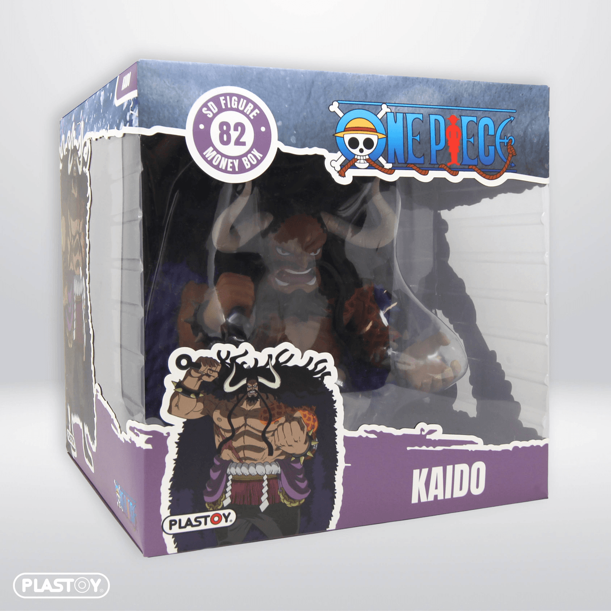 Figura de Kaido de One Piece en caja, que es una hucha.