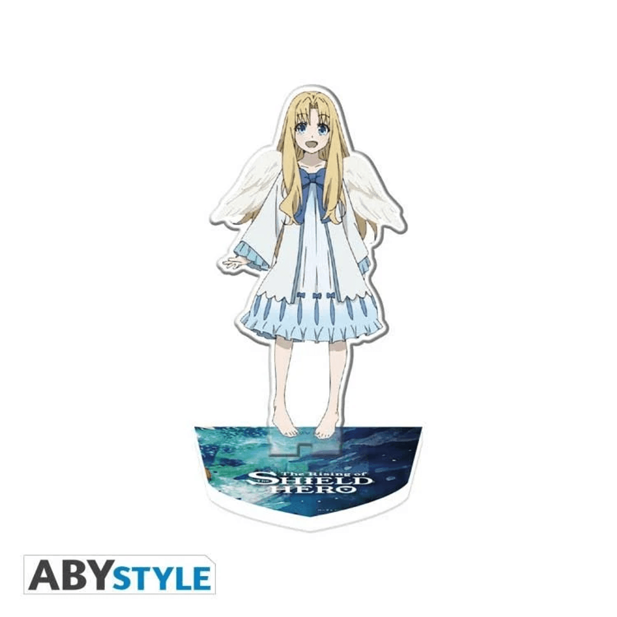 Personaje de anime con cabello rubio, ojos azules y alas blancas, viste un vestido blanco y azul.