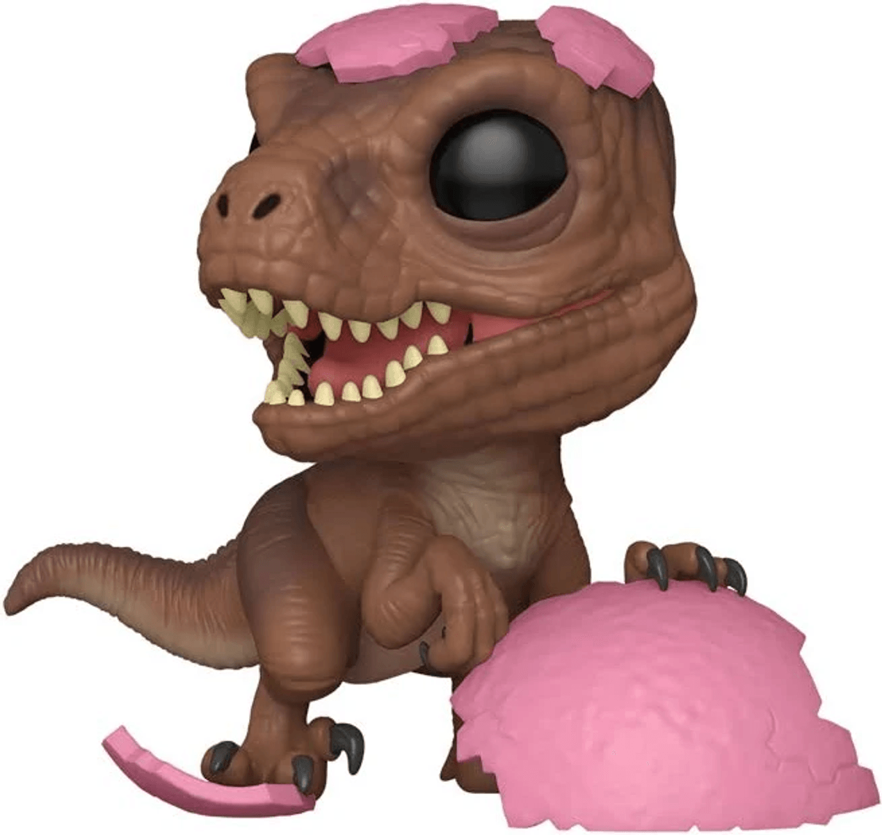Una figura de dinosaurio bebé marrón saliendo de un huevo rosa.