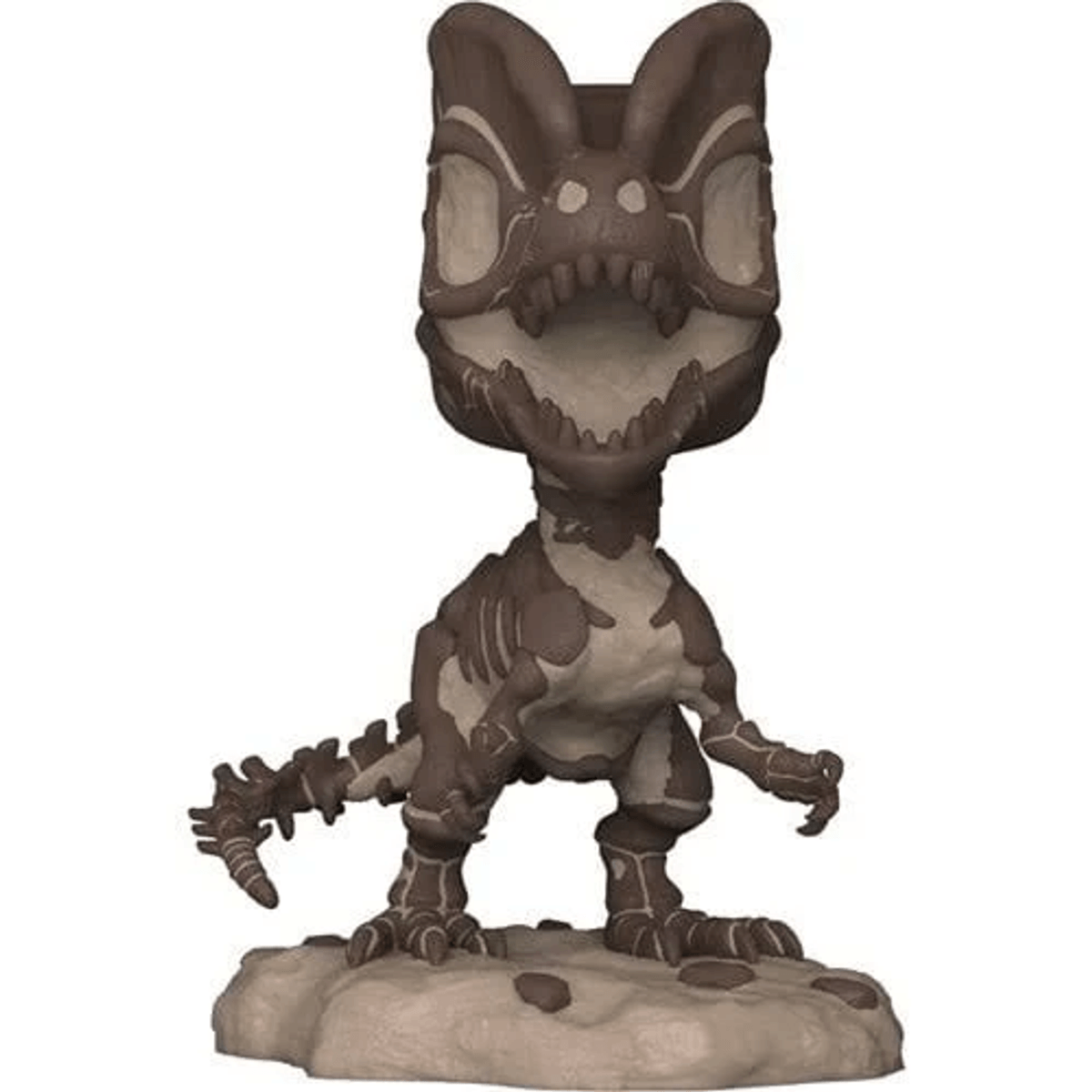Figura de dinosaurio marrón sobre rocas, con boca abierta y esqueleto detallado.