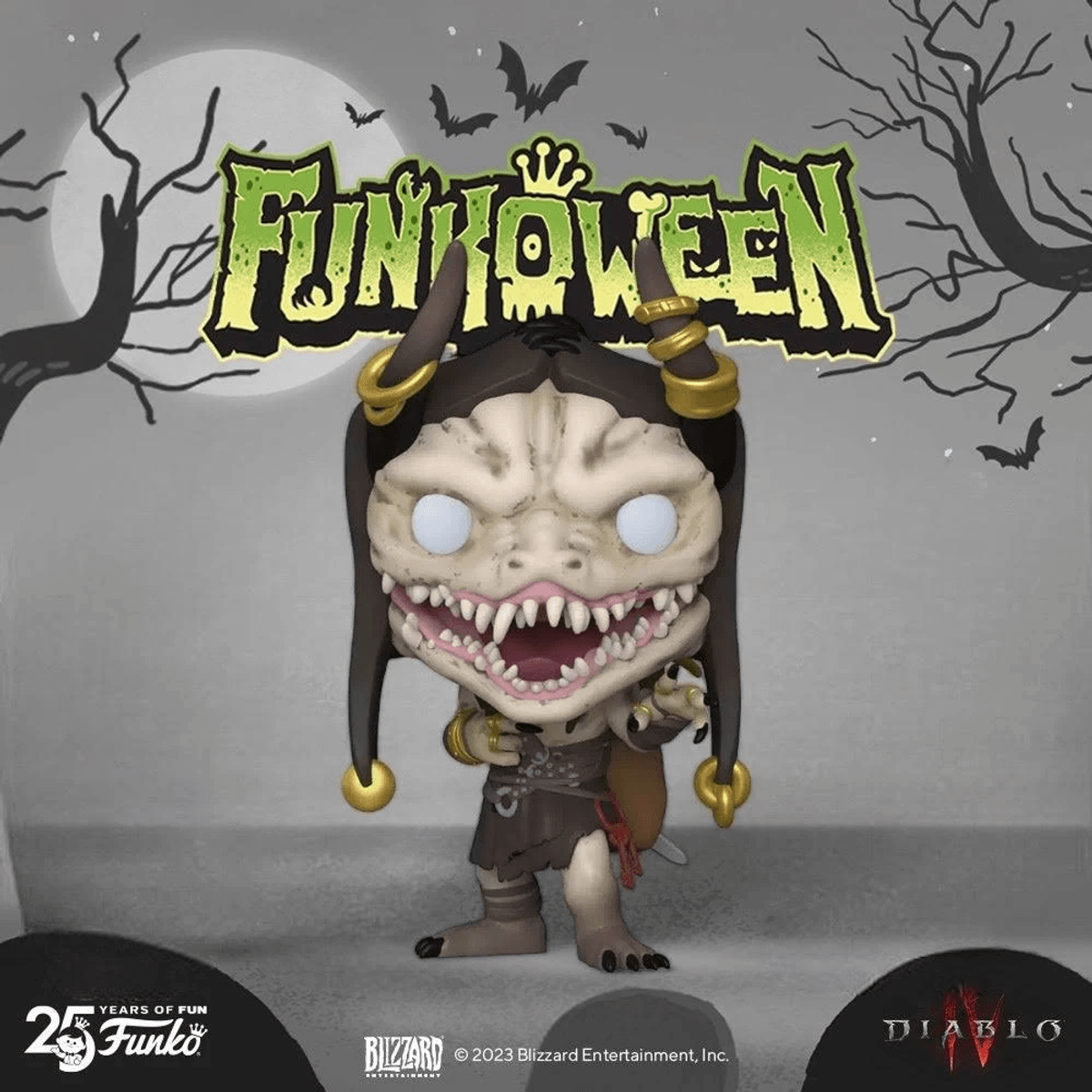 Ein gruseliger Funko Pop! von Diablo mit "Funhalloween" Logo und Fledermäusen.