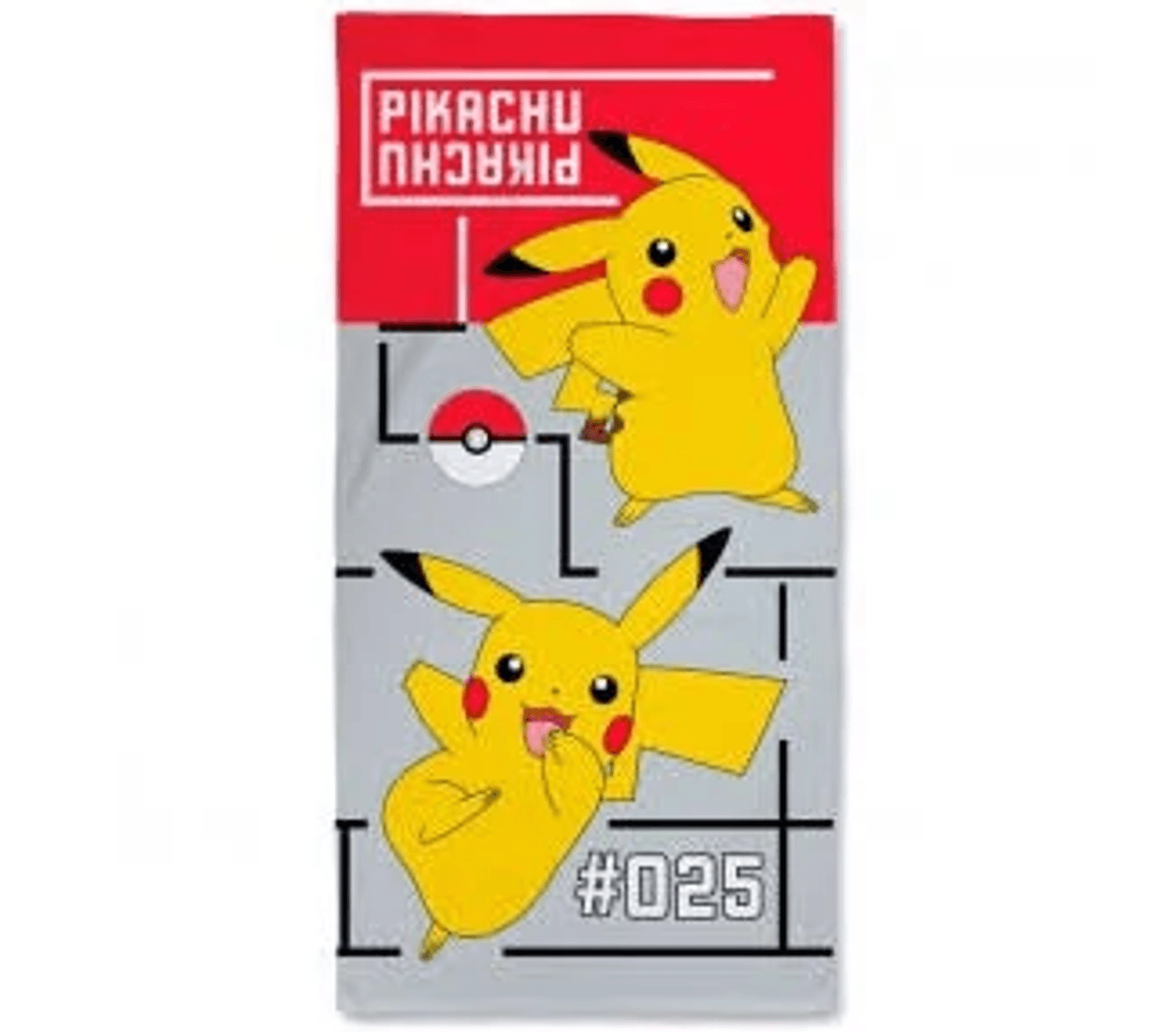 Una toalla gris con dos Pikachus amarillos, detalles rojos y la palabra PIKACHU.