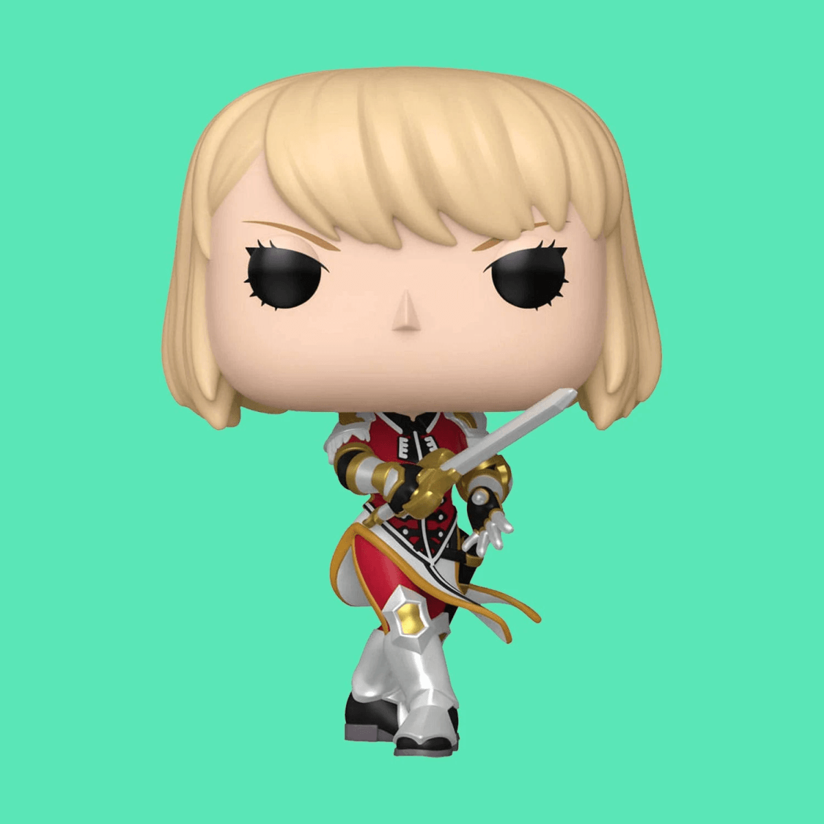 Una figura Funko Pop rubia con armadura sostiene una espada.