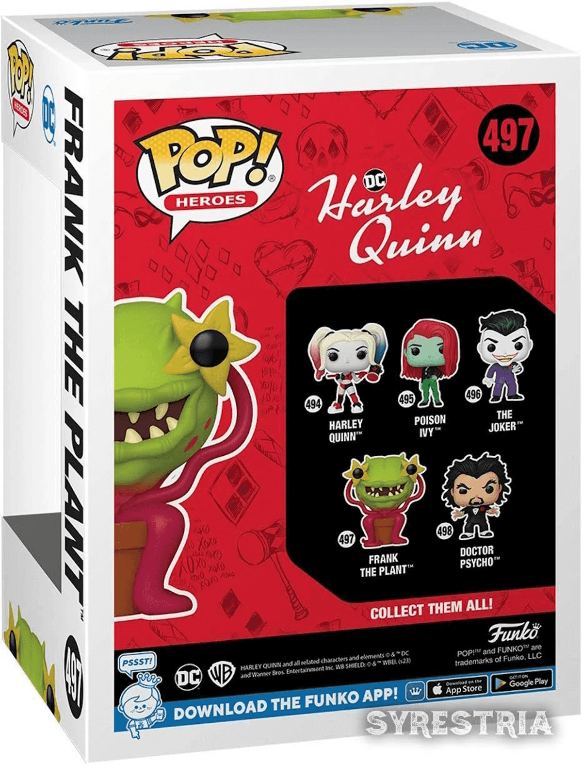 Funko Pop!-Box mit Harley Quinn-Charakteren: Frank the Plant, Harley Quinn, Poison Ivy, Joker, Doctor Psycho.
