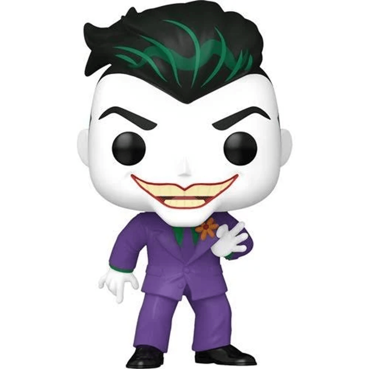Joker Funko Pop Figur im lila Anzug, grüner Krawatte, schwarzer Schuhe.