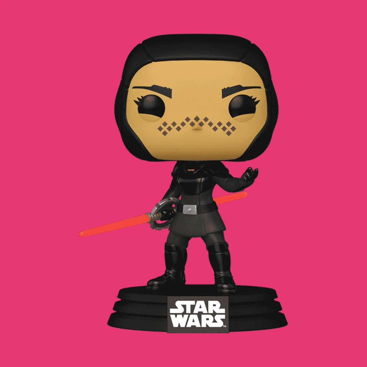Figura Funko Pop! de mujer con sable de luz rojo, atuendo negro y piel amarilla.