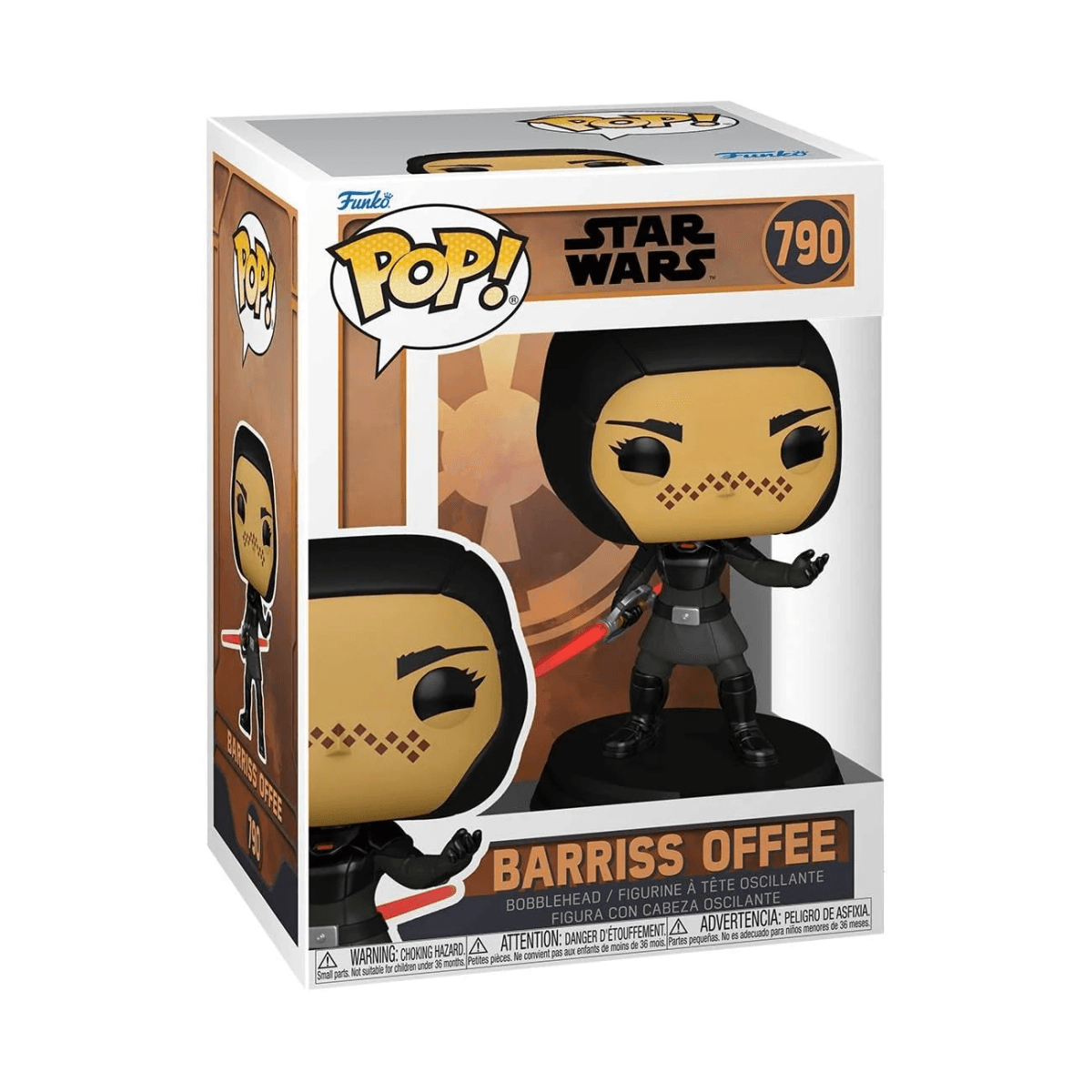 Figura Funko Pop! de Star Wars de Barriss Offee, sosteniendo un sable de luz rojo.