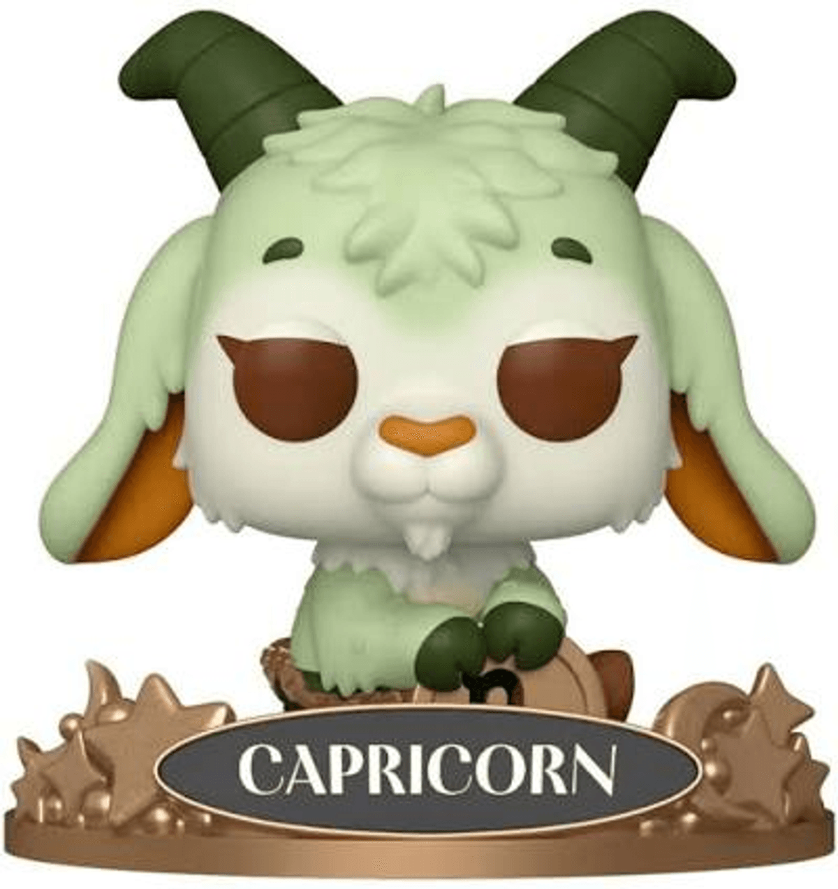 Una figura de cabra verde con cuernos se sienta en una base con la etiqueta 'CAPRICORN'.