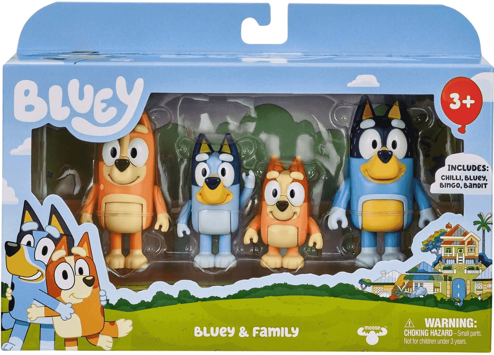 Ensemble de figurines Bluey & Family avec quatre chiens dans un emballage.