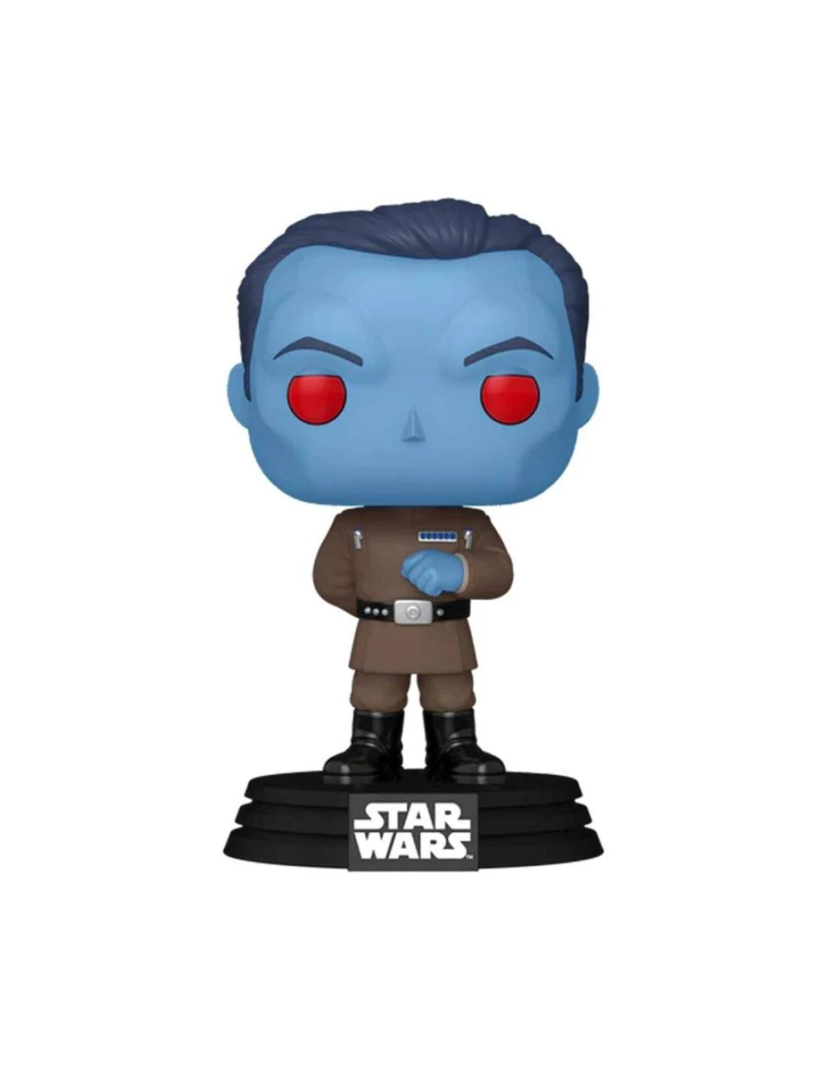 Un personaje Funko Pop! azul con ojos rojos de uniforme sobre una base de Star Wars.