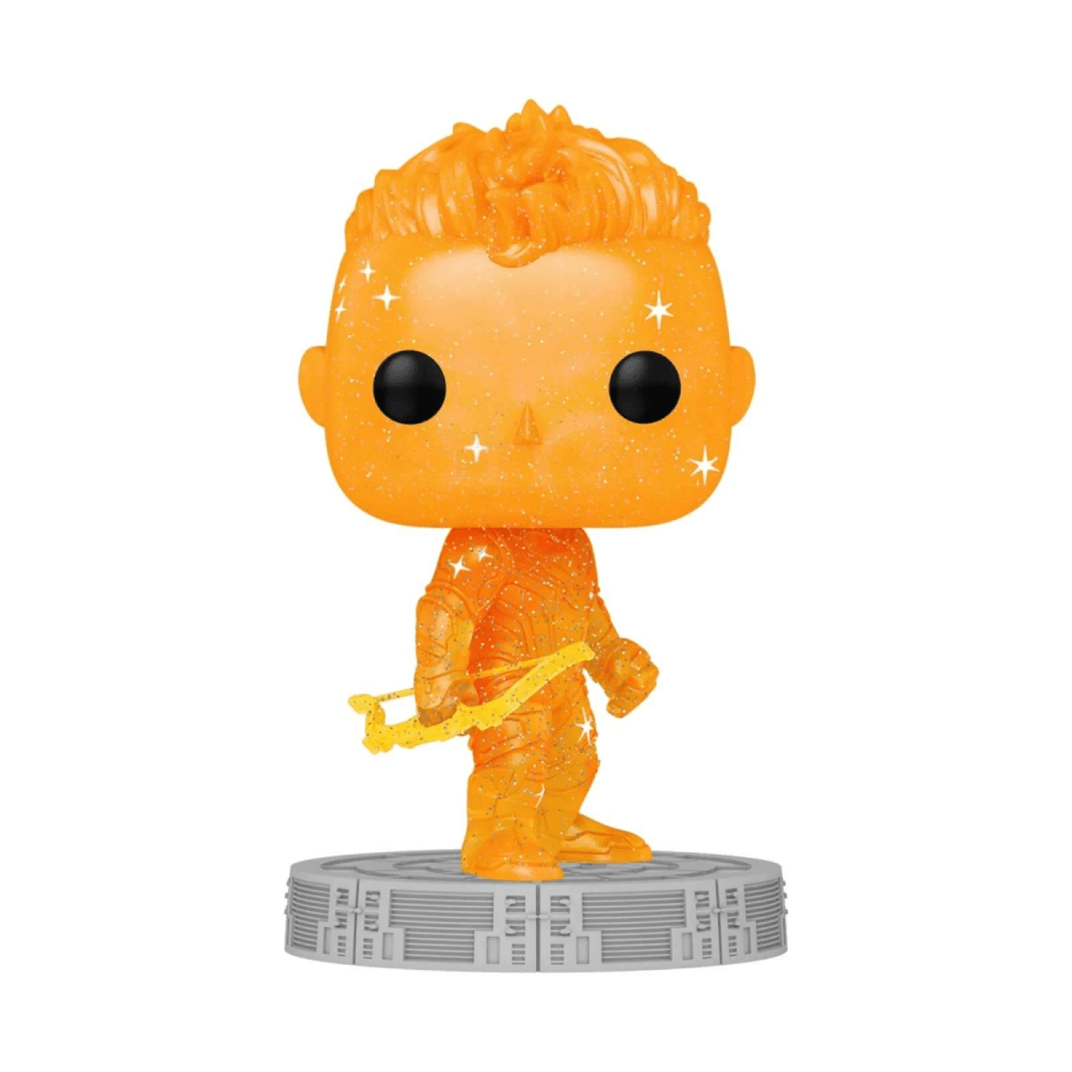 Figura Funko Pop naranja con arco y flecha sobre base gris.