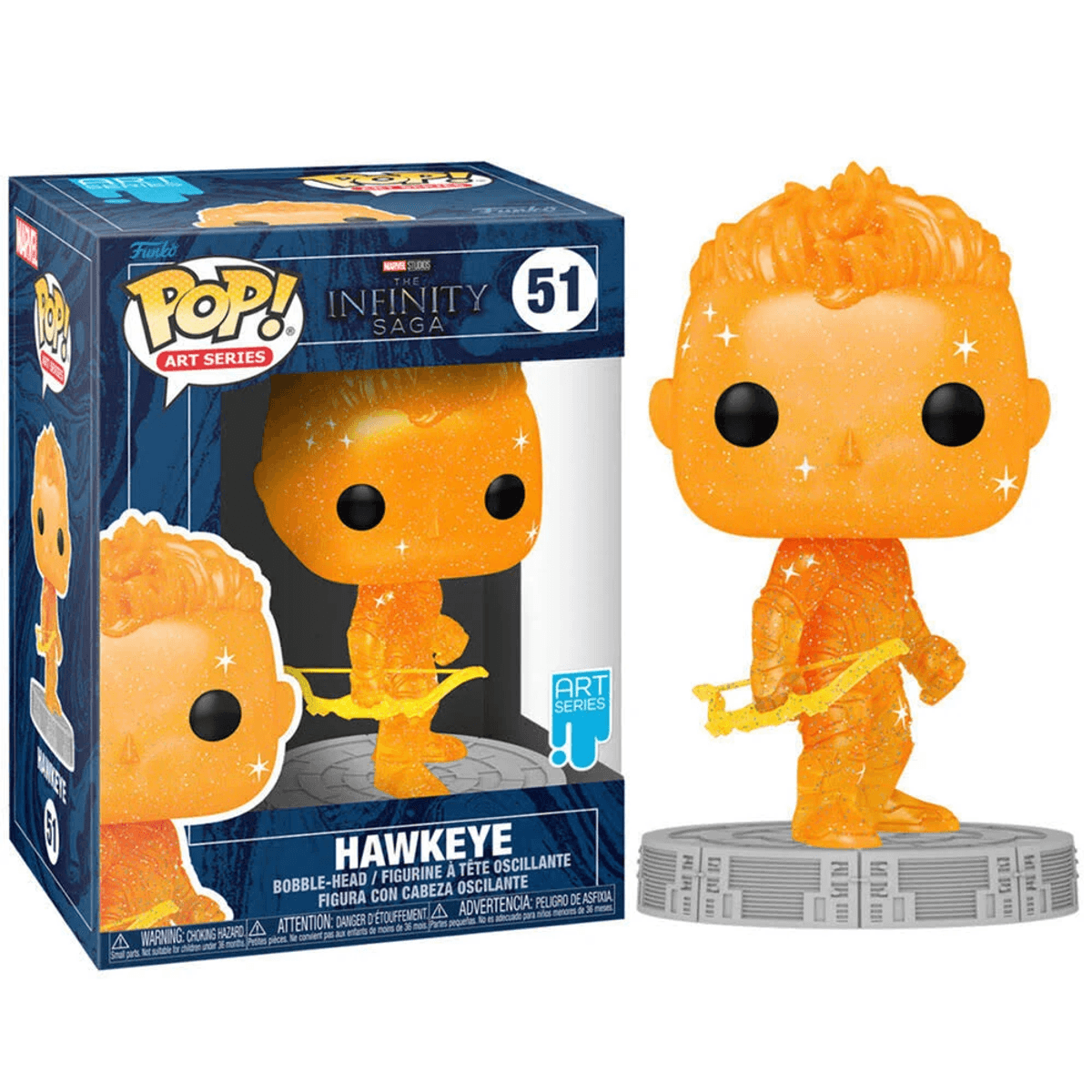 Figura Funko Pop naranja de Hawkeye con arco sobre un pedestal, junto a su caja.