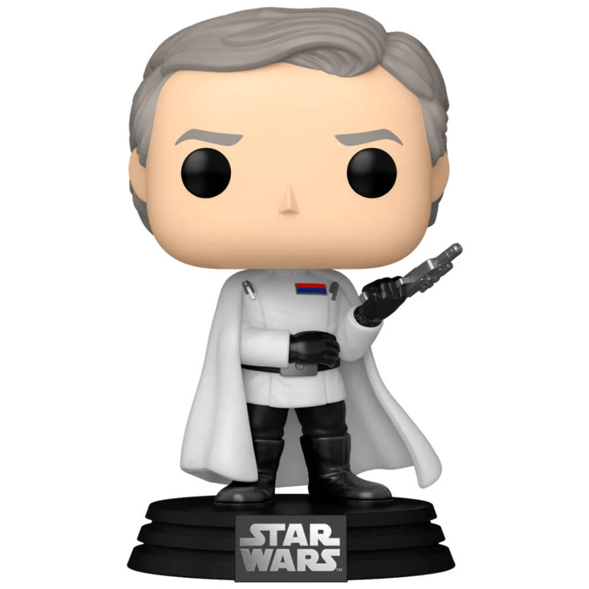 Figura Funko Pop de un hombre con uniforme blanco, capa y arma.