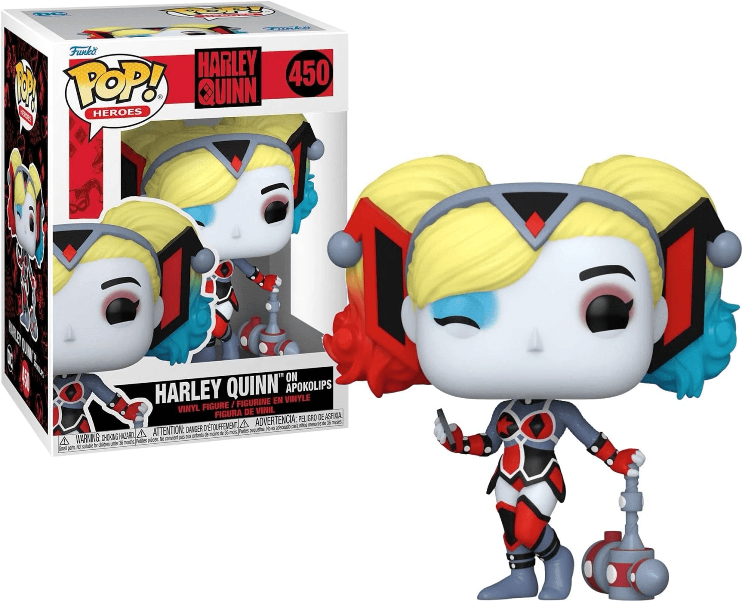 Harley Quinn Funko Pop! Figur mit Hammer und Handy vor der Verpackung.