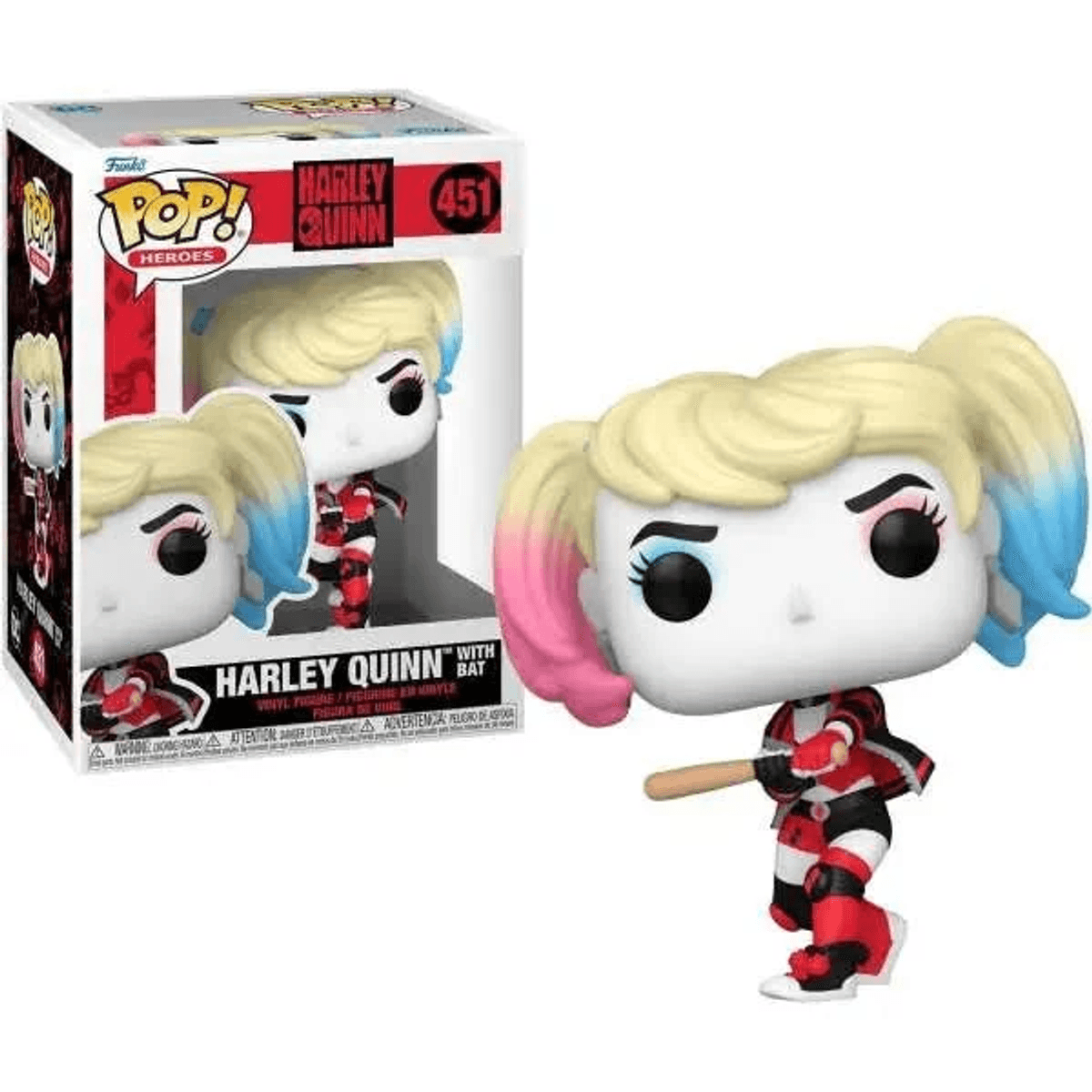 Harley Quinn Funko Pop Vinyl Figur mit Baseballschläger. Blonde Haare mit pinken und blauen Spitzen.