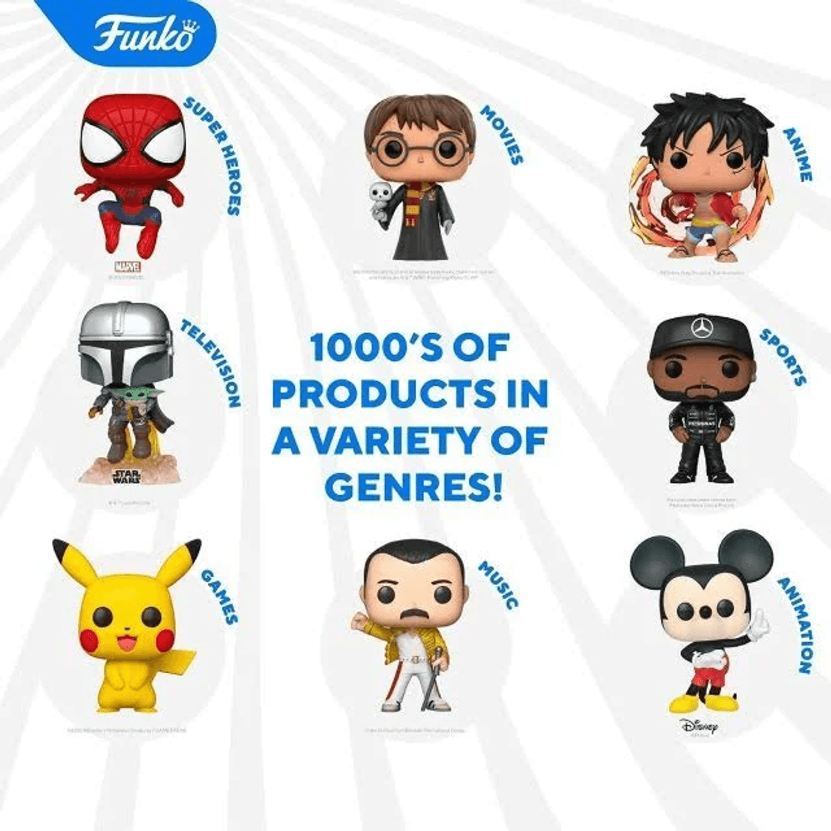 Figure Funko: Spider-Man, Harry Potter, Luffy, Mandalorian, Pikachu, Freddie Mercury, Lewis Hamilton, Topolino.