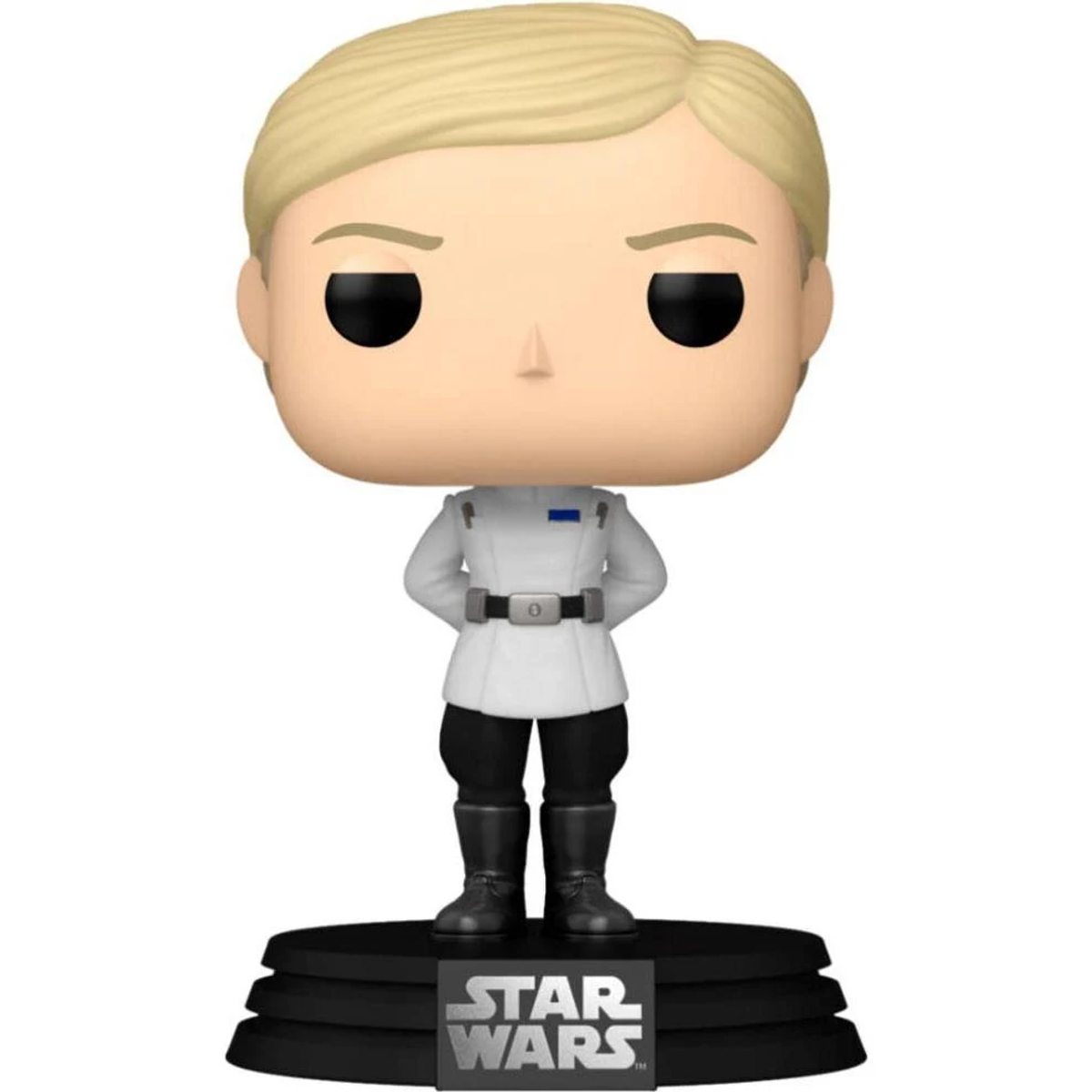 Un Funko Pop! de un personaje rubio de Star Wars con uniforme blanco sobre base negra.