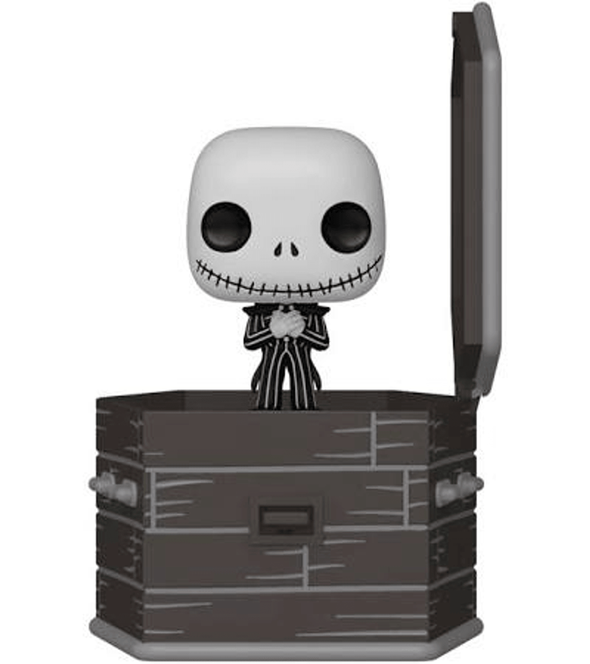 Figura de Jack Skellington con traje a rayas dentro de un cofre de madera abierto.