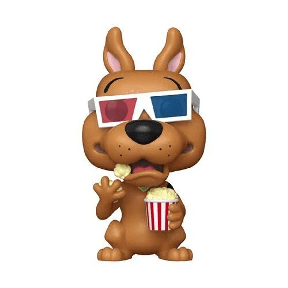 Brauner Hund mit 3D-Brille isst Popcorn aus gestreifter Tüte.