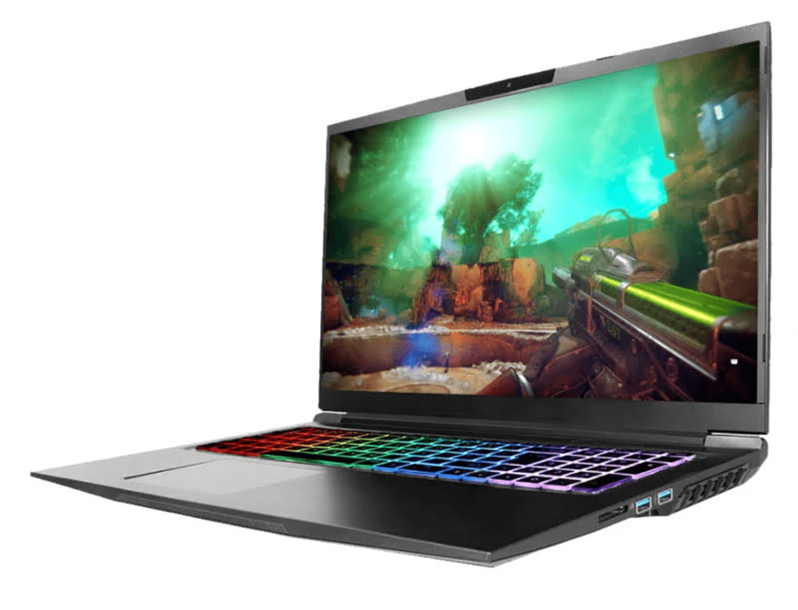 Ein Laptop mit RGB-Tastatur zeigt ein Videospiel mit einer Waffe im Vordergrund.