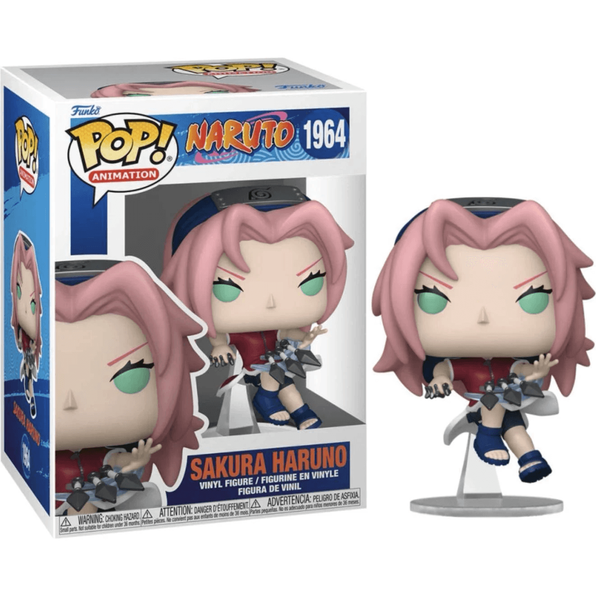 Figura Funko Pop Sakura Haruno de Naruto, con pelo rosa y ojos verdes.