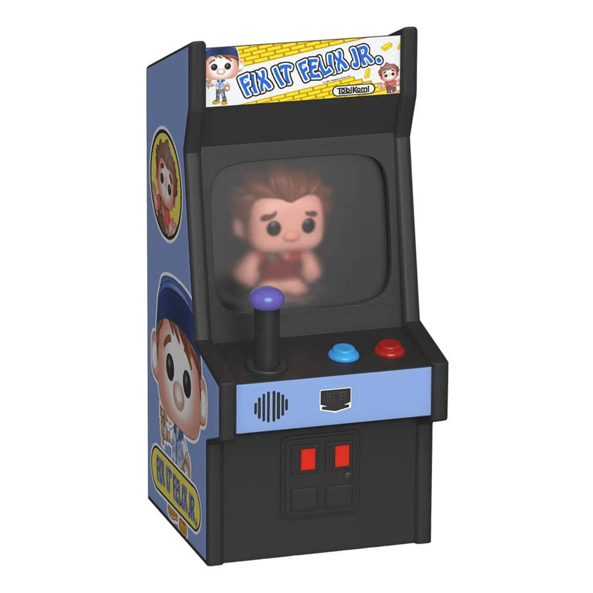 Máquina de arcade negra y azul con Ralph en pantalla y "Fix It Felix Jr."
