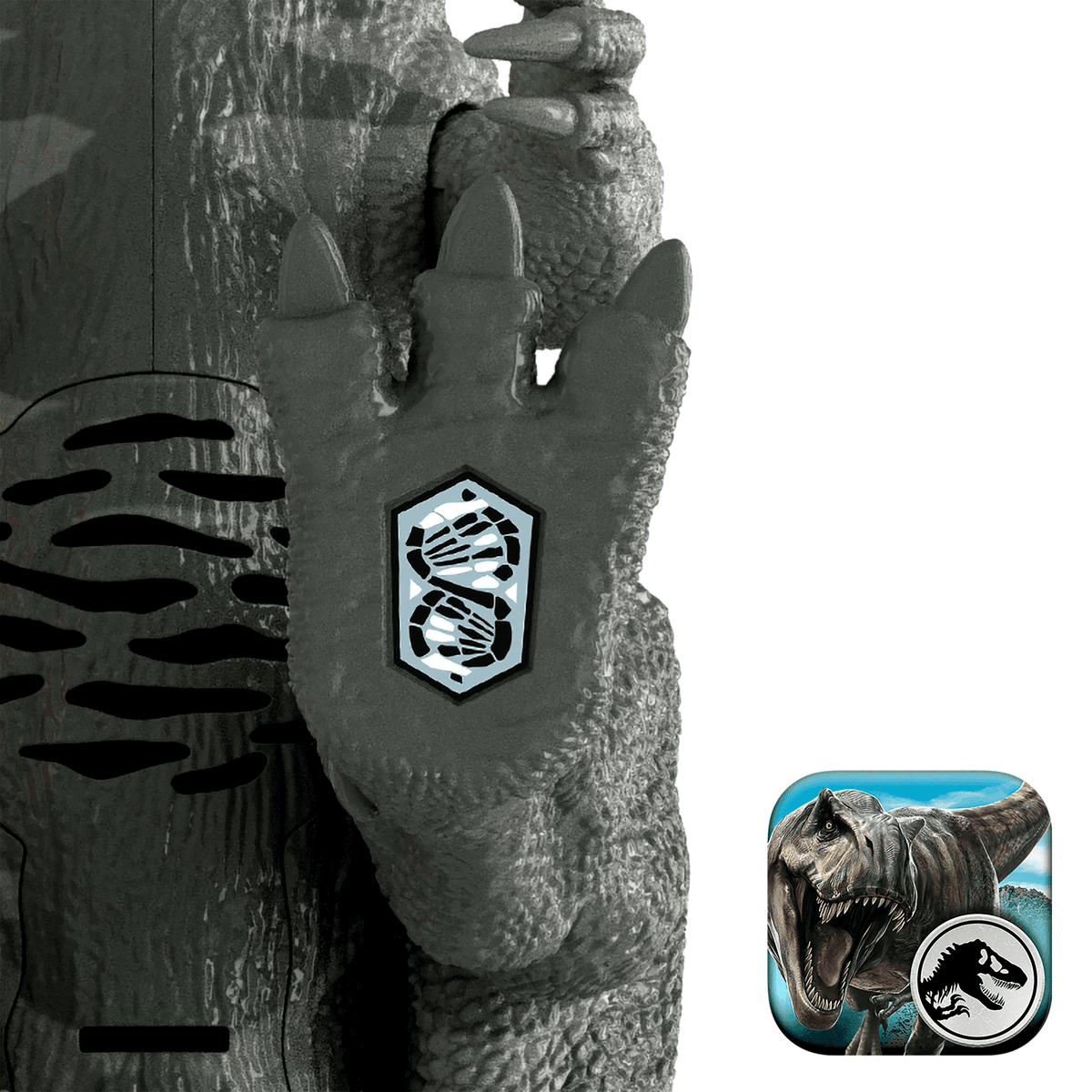 Juguete de dinosaurio gris con símbolo de ADN en la mano. Icono de la app Jurassic World.