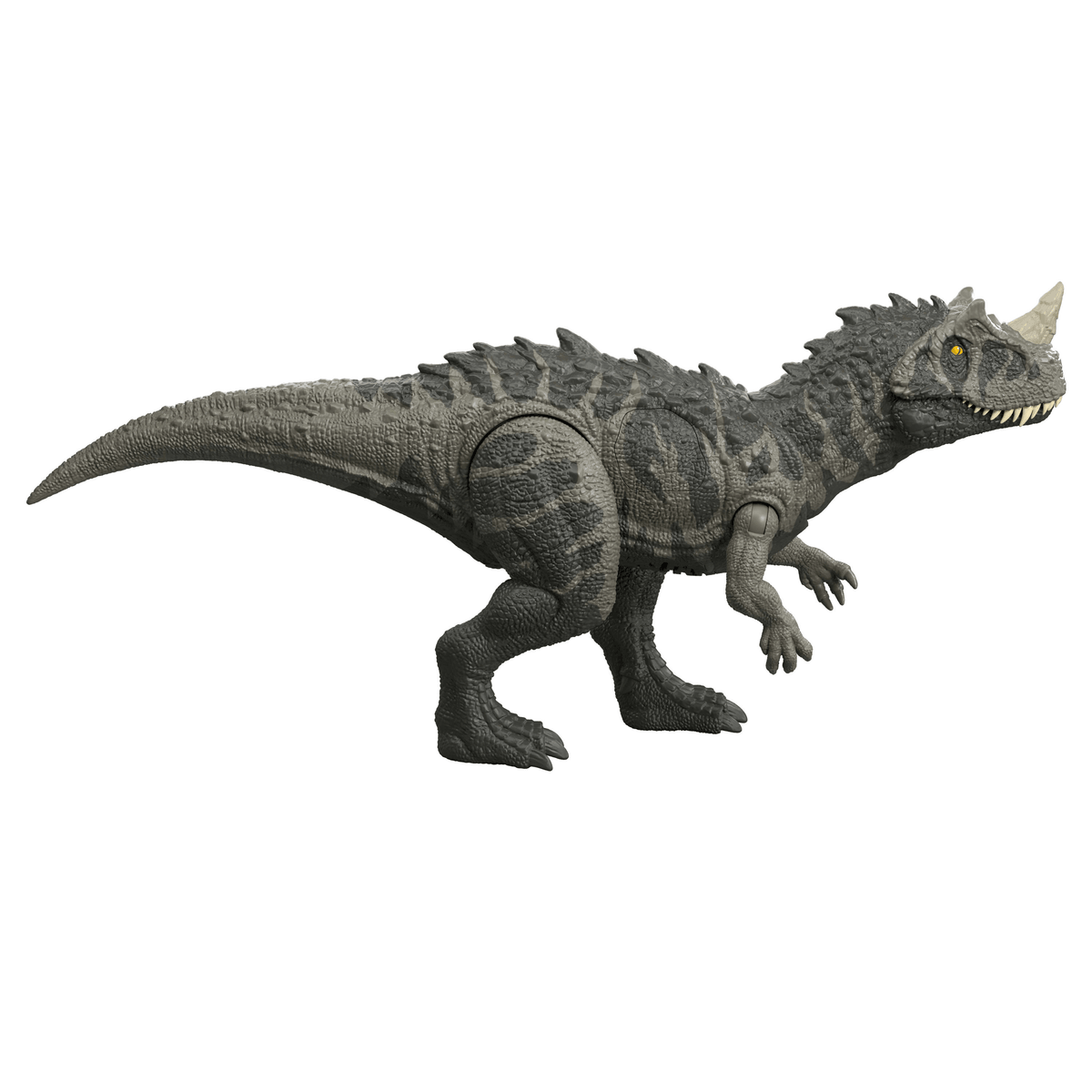 Un juguete de dinosaurio gris con un cuerno en la cabeza y ojos amarillos.