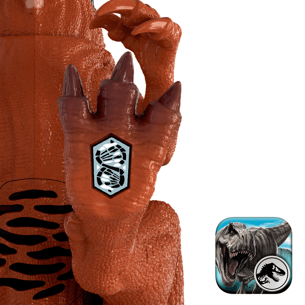 Pie de dinosaurio marrón con símbolo de escaneo de ADN e icono de app Jurassic World.