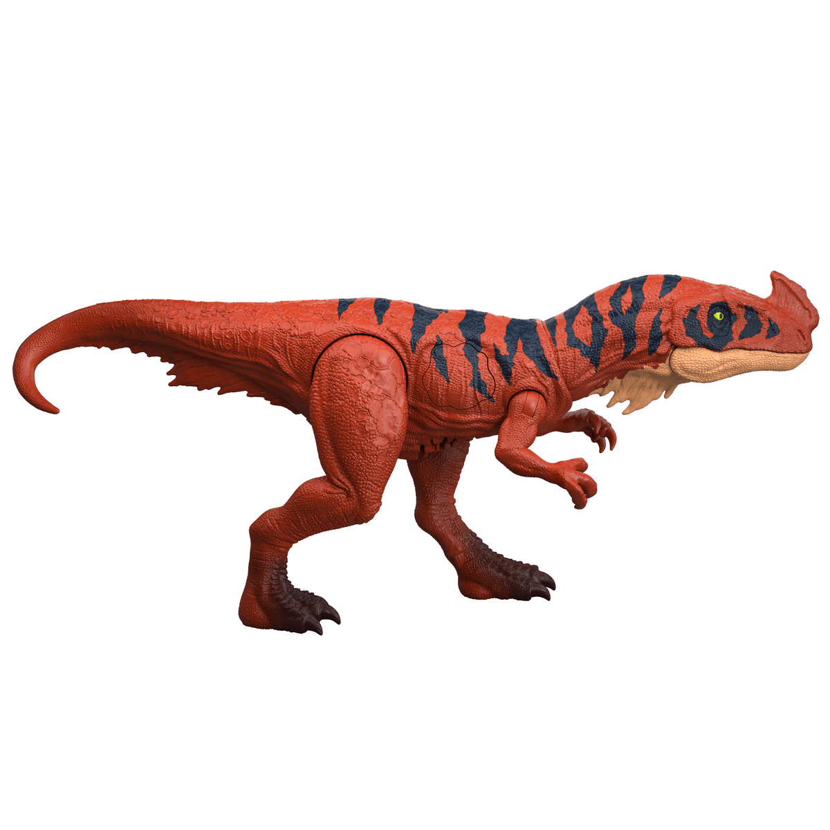 Un dinosaurio de juguete rojo con rayas negras se alza sobre sus patas traseras.