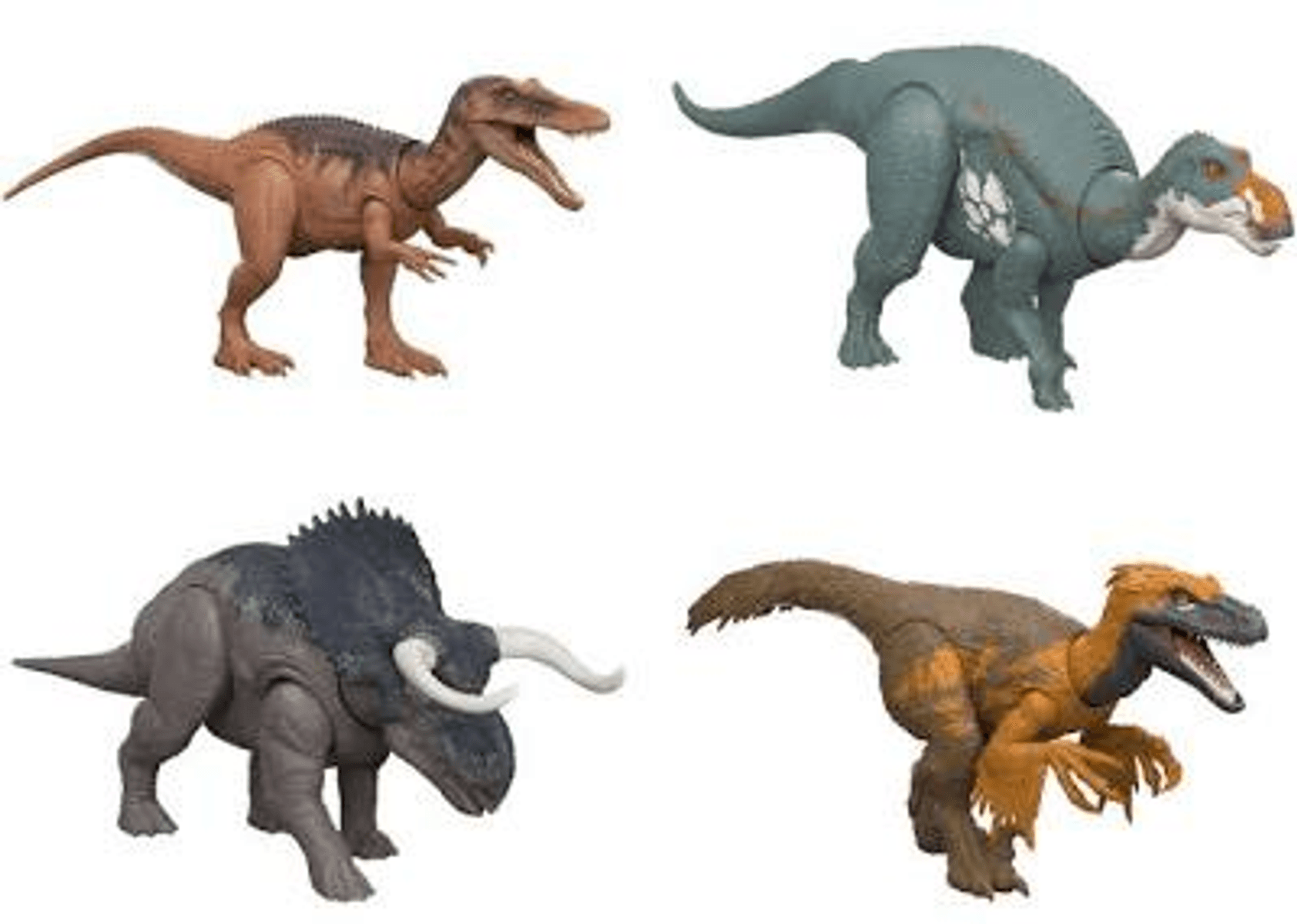 Cuatro juguetes de dinosaurios: raptor marrón, herbívoro azul, triceratops gris y raptor naranja.