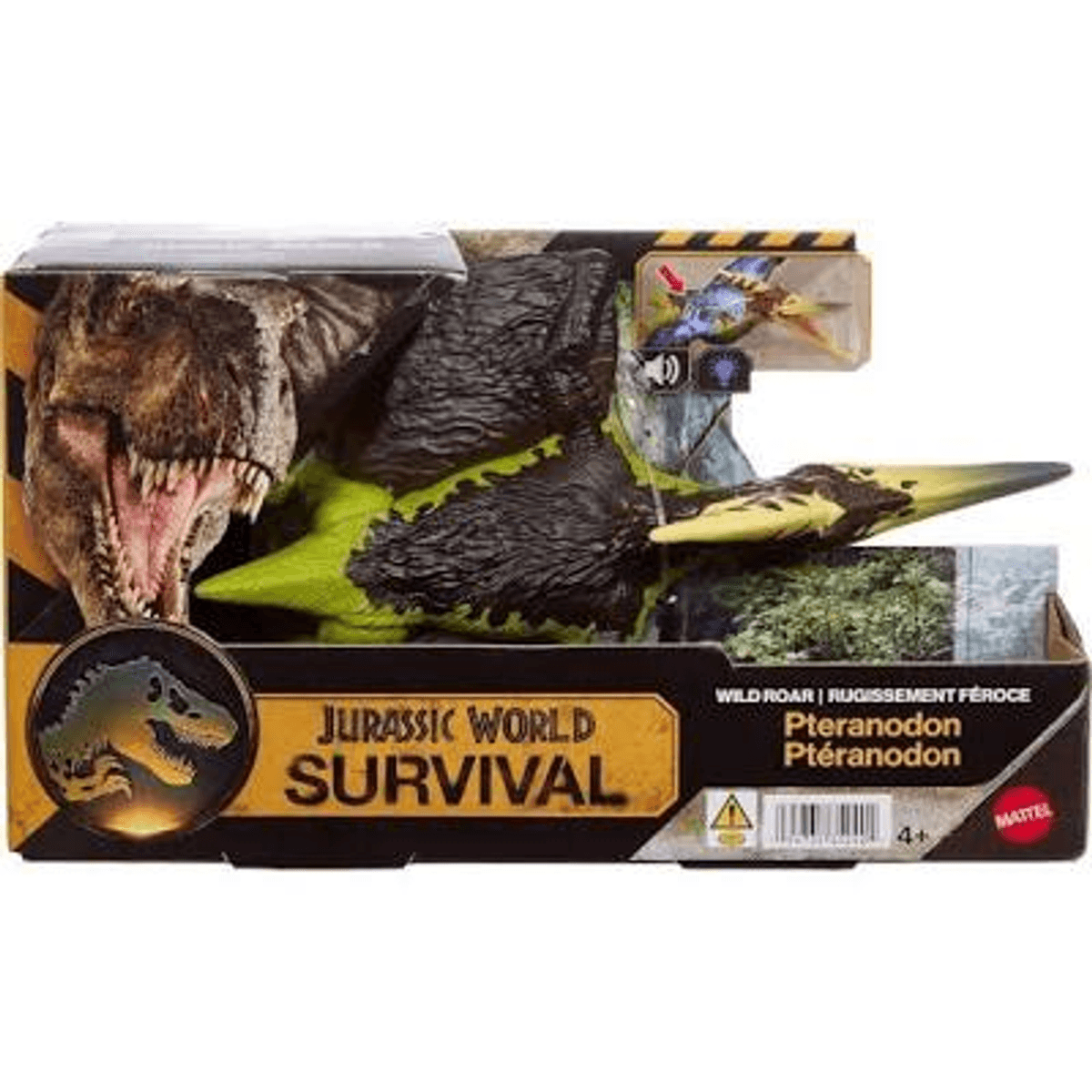 Caja de juguetes Jurassic World Survival con cabeza de T-Rex y figura de Pteranodon.