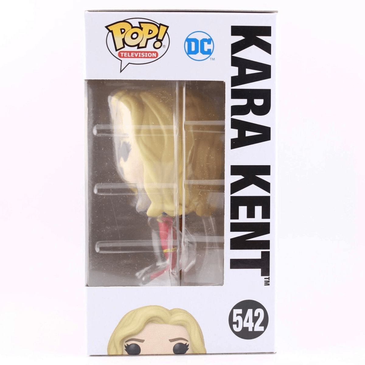 Funko Pop Kara Kent Figur in Verpackung. Blonde Haare, DC-Logo.