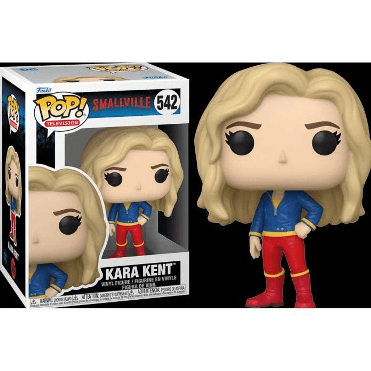 Funko Pop Kara Kent Figur aus Smallville, mit blauer Jacke und roter Hose.