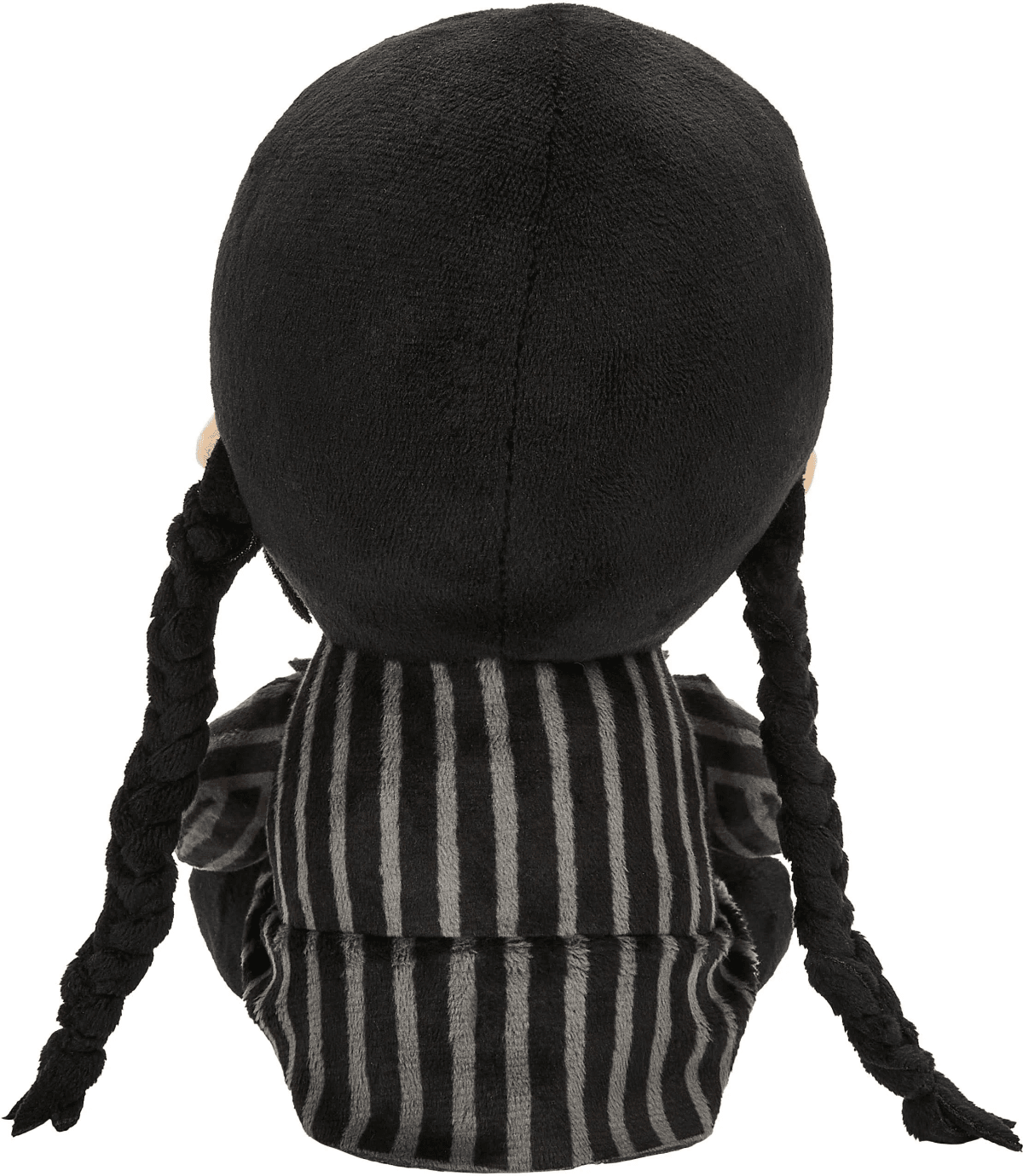 Peluche con trenzas negras, vestido a rayas, visto desde atrás.