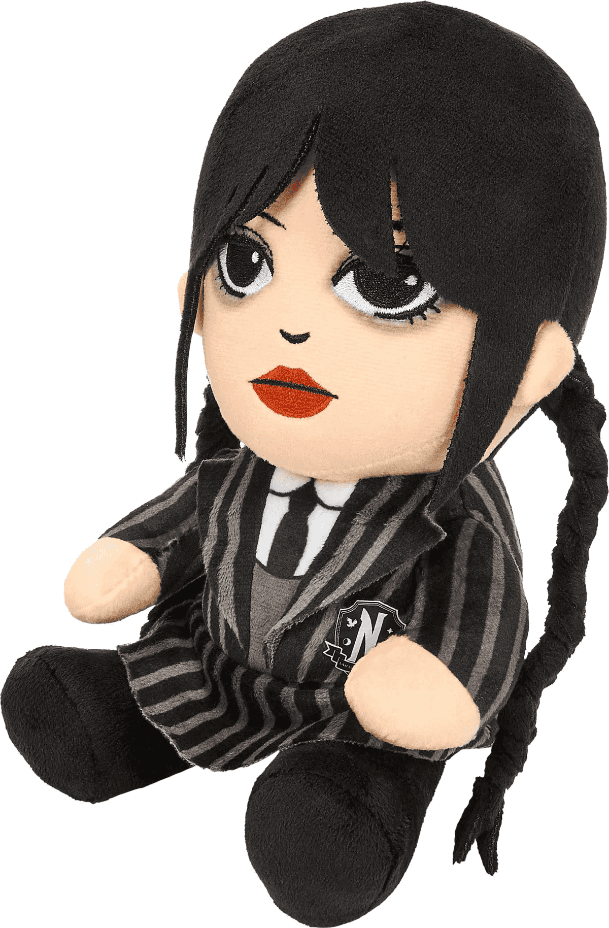 Una muñeca de peluche con pelo negro, coletas, traje a rayas y labios rojos.
