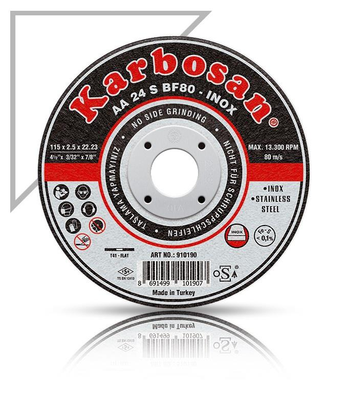 Karbosan taşlama diski: 115x2.5x22.23mm, 13.300 devir/dk, Inox/çelik için.