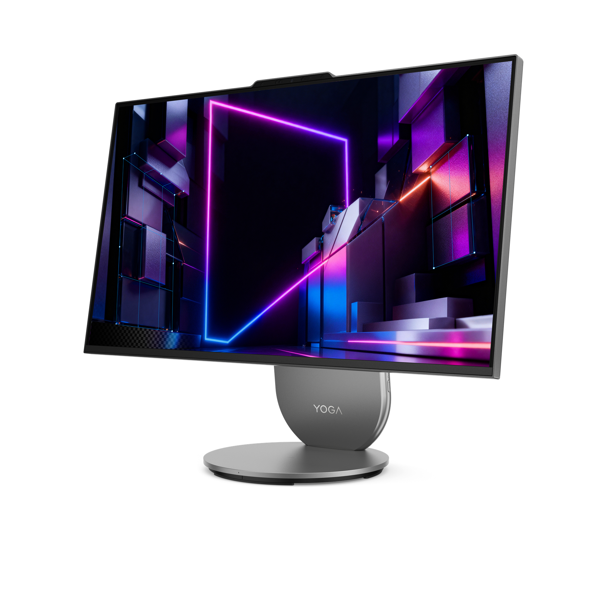 Ein Monitor mit einem abstrakten Hintergrund mit lila und blauen Neonlichtern.