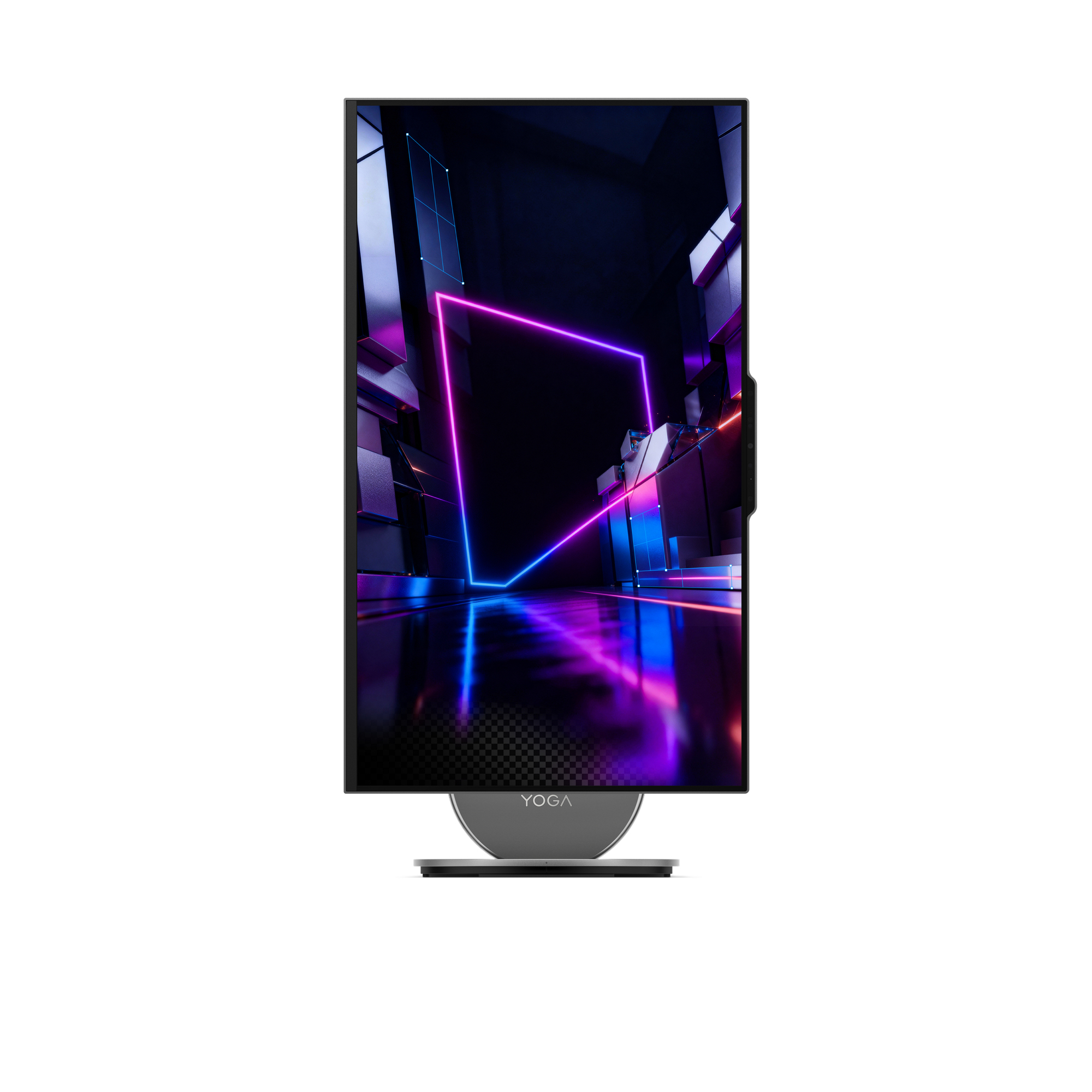 Ein Monitor mit einem futuristischen, neonbeleuchteten Stadtbild im dunklen Stil.
