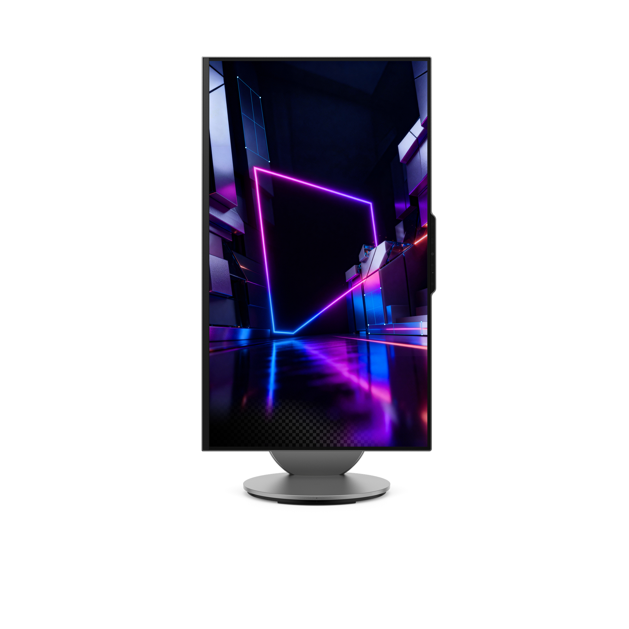 Ein Monitor mit neonfarbener, abstrakter Grafik in Lila und Blau.